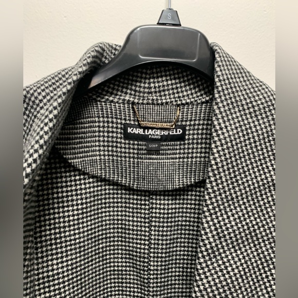 NEW KARL LAGERFELD PLAID WOOL DRAPE COLLAR FAUX LEATHER SLEEVE COAT SIZE:SMALL - Picture 9 of 16